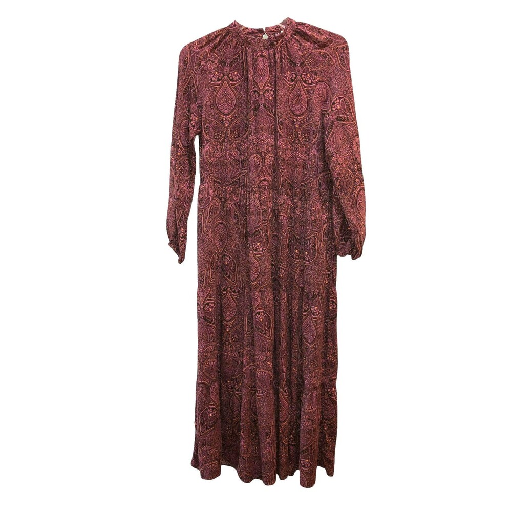 A New Day Womens Small Purple Floral Paisley Long Sleeve Tiered Boho Midi Dress